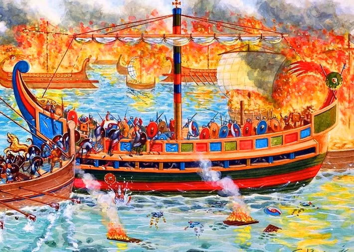  Hạm đội La Mã được tái xây dựng hoàn toàn. Sau nhiều thất bại, La Mã huy động nguồn lực khổng lồ từ người dân để đóng tàu mới. Ảnh: Pinterest.