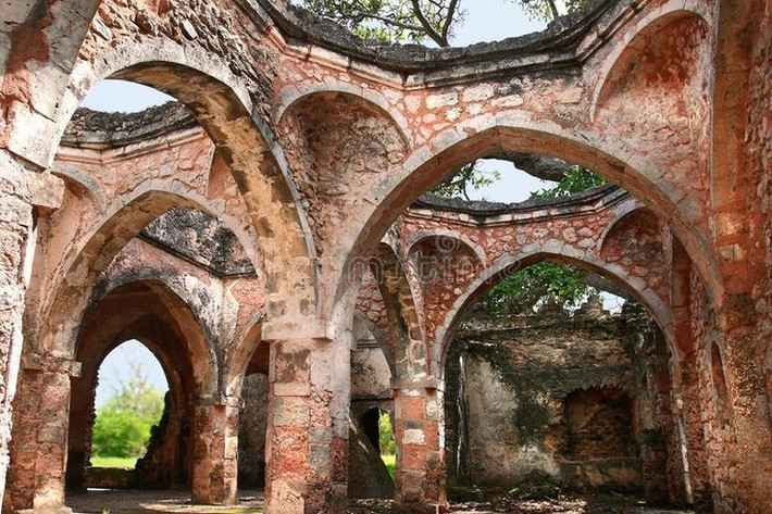 Đền Hồi giáo Lớn Kilwa trên đảo là một trong những nhà thờ Hồi giáo cổ nhất châu Phi. Ngôi đền này được xây từ san hô, có mái vòm và cột trụ đá vôi tinh xảo. Ảnh: Pinterest.