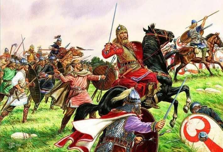  Trận Adrianople (378). Kỵ binh Goth bất ngờ xuất hiện trên chiến trường đã nghiền nát quân đội La Mã, hạ sát Hoàng đế Valens, đánh dấu sự suy yếu nghiêm trọng của bộ binh La Mã cổ điển. Ảnh: Pinterest.