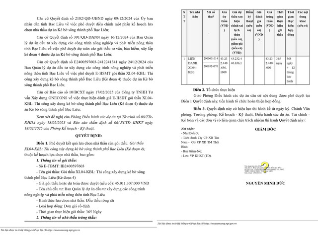 Liên danh Tân Nam - Thới Bình sẽ thi công gói thầu Kè bờ sông thành phố Bạc Liêu (đoạn 4) Lien danh Tan Nam - Thoi Binh se thi cong goi thau Ke bo song thanh pho Bac Lieu (doan 4)