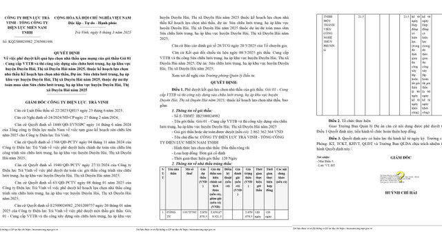 Lo dien nha thau trung lien 2 goi thau tai Dien luc Tra Vinh