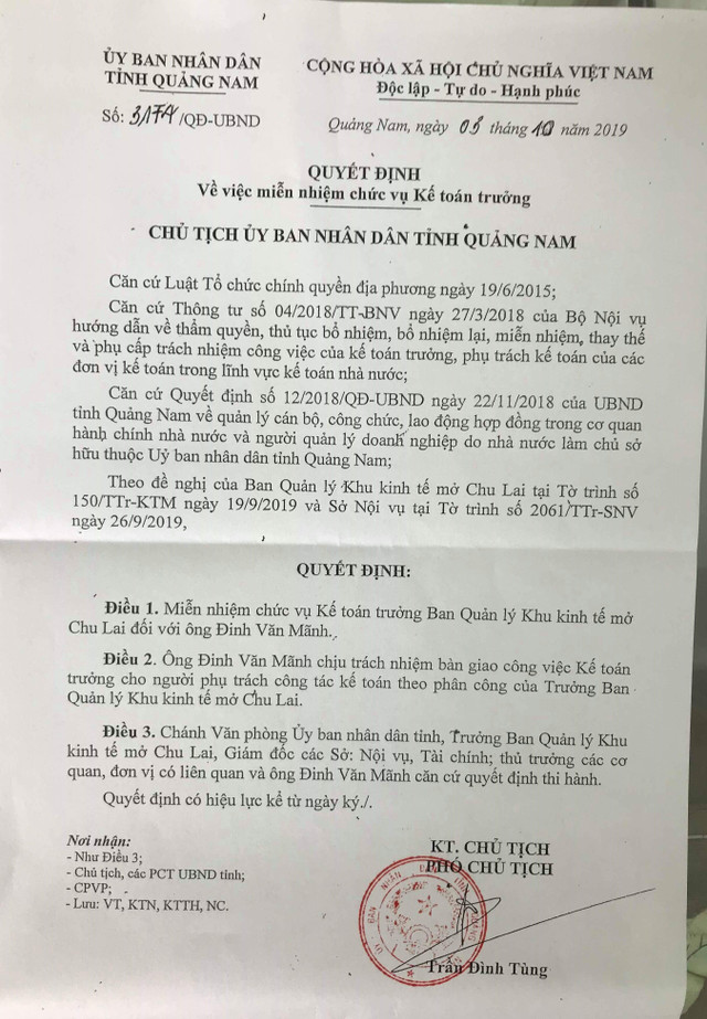 Quang Nam dong y cho Ke toan truong KTM Chu Lai nghi viec