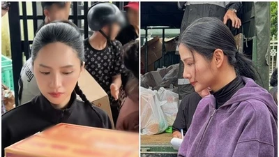 Hương Giang - Hoàng Thùy đi trao quà cho người dân vùng lũ