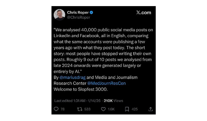 Một nghiên cứu mới của Trung tâm Nghiên cứu Truyền thông và Báo chí (MJRC) đã phân tích 40.000 bài đăng trên LinkedIn và Facebook từ cuối 2024 đến đầu 2025.