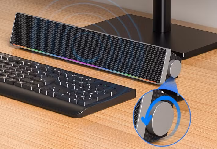 Soundbar ROBOT RB680 giá mềm, bass trầm chắc, thời lượng nghe 5 giờ, thiết kế gọn cho bàn nhỏ.