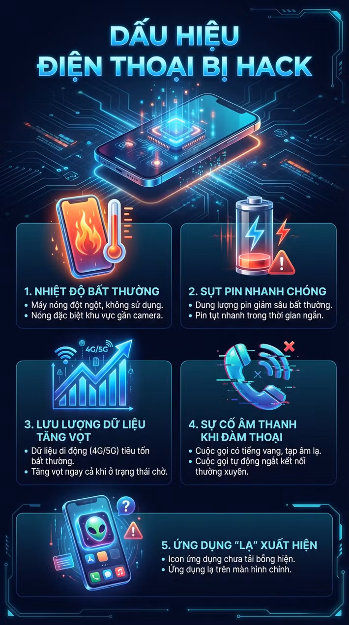 Dù khó phát hiện, người dùng vẫn có thể nhận biết nguy cơ thông qua một số dấu hiệu như điện thoại nóng bất thường khi không sử dụng, pin tụt nhanh dù đã tắt máy hoặc lưu lượng dữ liệu tăng đột biến vào những thời điểm không hoạt động.