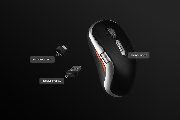 Chuột hỗ trợ kết nối cùng lúc 3 thiết bị qua Bluetooth và hai receiver Type-A, Type-C, phù hợp người dùng đa nền tảng.