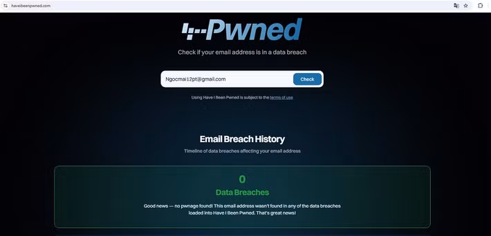 Người dùng có thể kiểm tra bằng cách truy cập haveibeenpwned.com và nhập mật khẩu thường dùng.