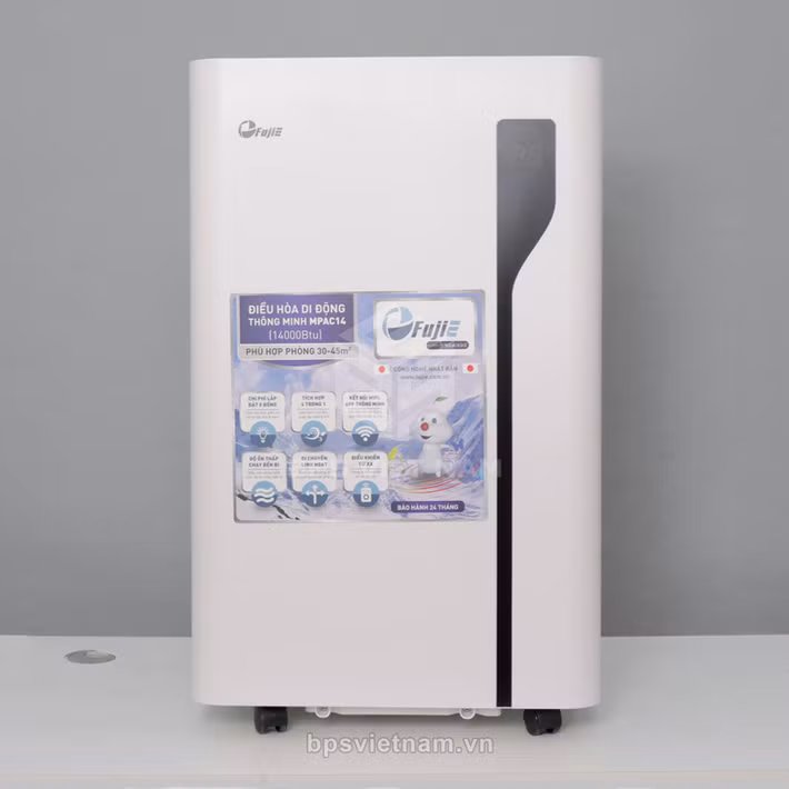 Máy lạnh di động FUJIE MPAC14 công suất 14.000BTU, dạng điều hòa cây một cục có bánh xe di chuyển linh hoạt, kết nối WIFI quản lý từ xa, giá ưu đãi khoảng 8,56 triệu đồng, phù hợp cho căn hộ thuê hoặc phòng làm việc nhỏ.
