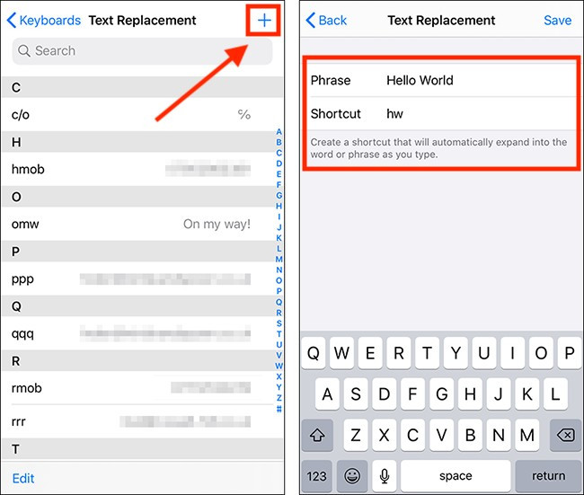 Text Replacement giúp gõ tắt nhanh cụm từ thường dùng, tiết kiệm thời gian.