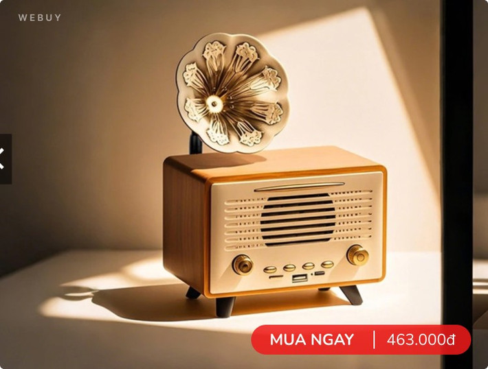 Loa gramophone mini thùng gỗ retro gợi nhớ radio xưa, nổi bật với loa hình bông hoa.