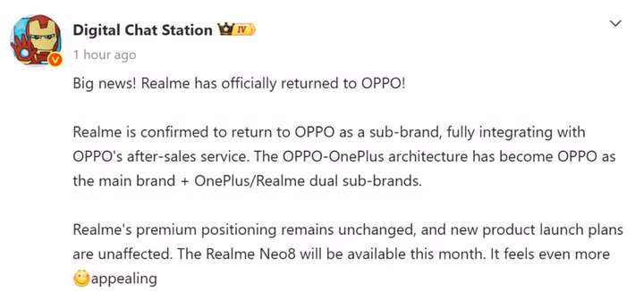 Thông báo của Realme đánh dấu bước tái cấu trúc đáng chú ý trong hệ sinh thái smartphone Trung Quốc.