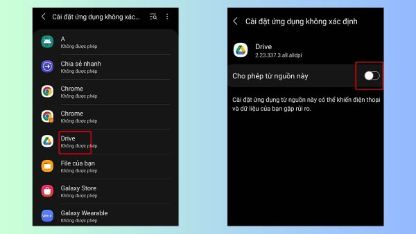 Để xử lý, người dùng nên tắt quyền cài ứng dụng không rõ nguồn gốc trong phần cài đặt bảo mật.