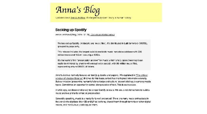 Nhóm đứng sau vụ việc là Anna’s Archive, tuyên bố đã cào gần như toàn bộ thư viện Spotify với tổng dung lượng khoảng 300TB.