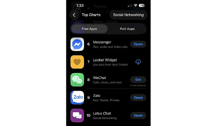 Đáng chú ý, Lotus Chat đã vươn lên vị trí số 10 trong bảng xếp hạng Mạng xã hội trên iPhone, vượt qua cả Facebook.