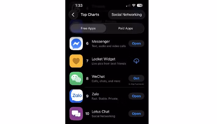 Đáng chú ý, Lotus Chat đã vươn lên vị trí số 10 trong bảng xếp hạng Mạng xã hội trên iPhone, vượt qua cả Facebook.