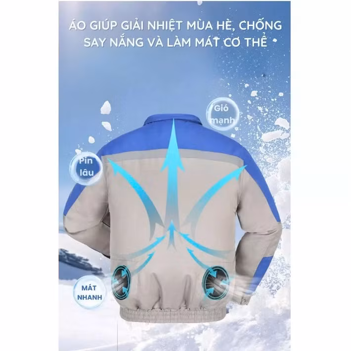 Áo điều hòa KAW tích hợp hai quạt gió không chổi than ở hai bên hông, tạo luồng khí lưu thông liên tục, pin bền 10-15 giờ, giá từ 500.000 đến 933.000 đồng, vừa làm mát vừa chống nắng hiệu quả.