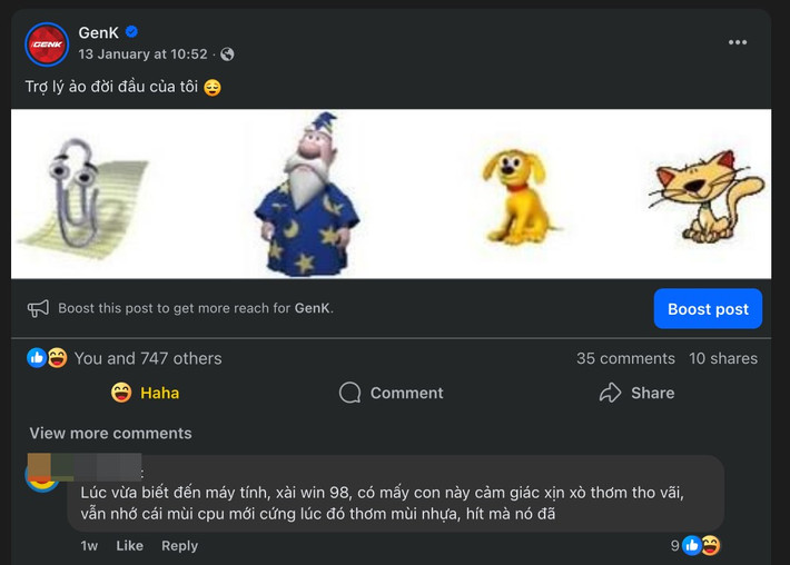 Trên Facebook, hình ảnh 4 nhân vật trợ lý Windows đời cũ bất ngờ xuất hiện lại gây sốt cộng đồng.