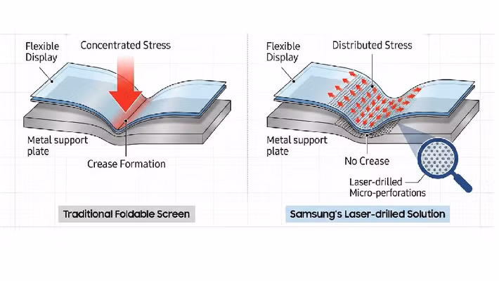 Thay vì tạo vật liệu siêu mềm, Samsung áp dụng nguyên lý đập nước để quản lý và phân tán lực khi gập.