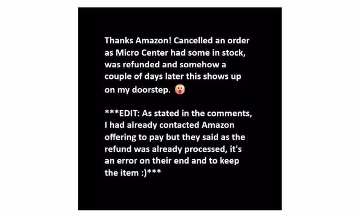 Người dùng Reddit này từng đặt mua RTX 5080 giá 1.850 USD trên Amazon nhưng sau đó quyết định hủy đơn để mua nhanh hơn tại Micro Center.