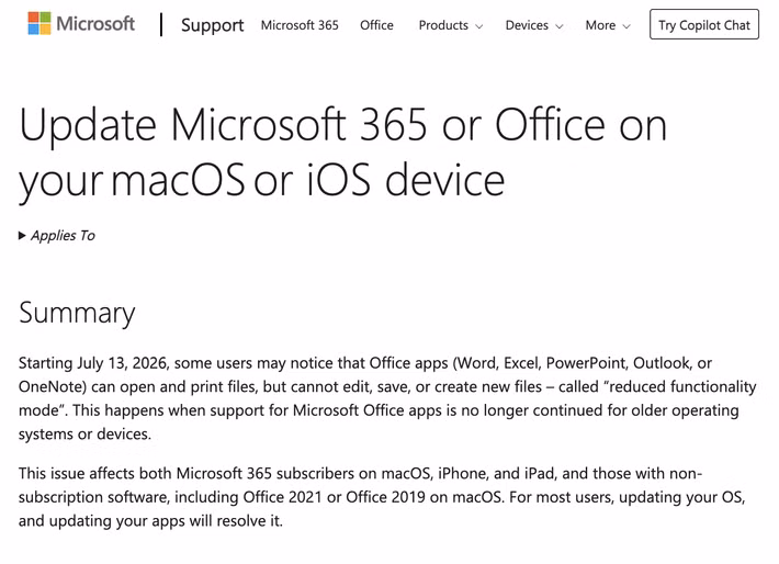 Theo thông báo từ Microsoft, Word, Excel, PowerPoint, Outlook và OneNote vẫn có thể mở, đọc và in tệp bình thường, nhưng mọi chức năng quan trọng nhất phục vụ công việc hàng ngày sẽ bị vô hiệu hóa, biến bộ công cụ văn phòng quen thuộc thành phần mềm chỉ để xem nội dung.