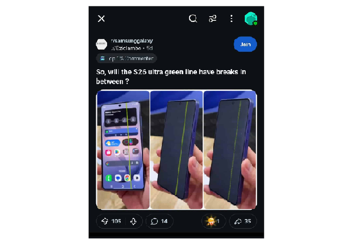 Sau khi Galaxy S26 Ultra ra mắt, mạng xã hội xuất hiện ảnh máy bị sọc xanh.