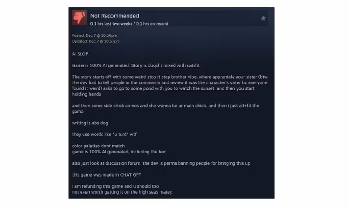 Bài đánh giá gay gắt chấm 1 sao, cáo buộc toàn bộ kịch bản và mã nguồn do ChatGPT tạo ra.