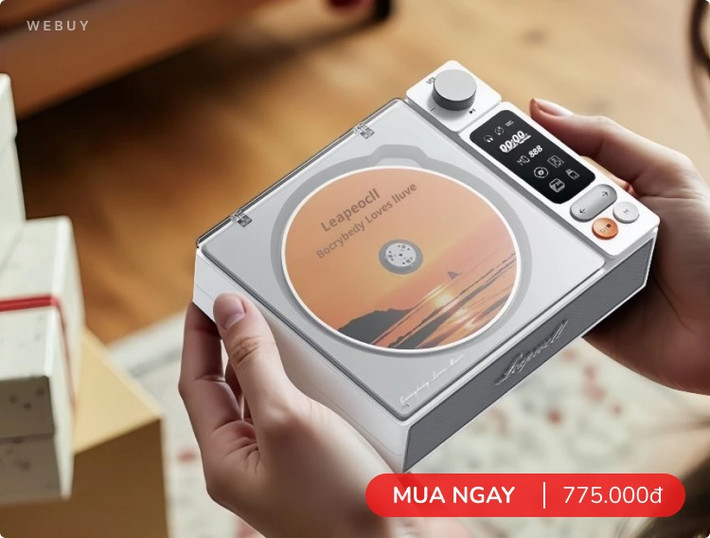 Máy phát CD kiêm loa thiết kế hoài niệm, như một món đồ sưu tầm độc đáo.