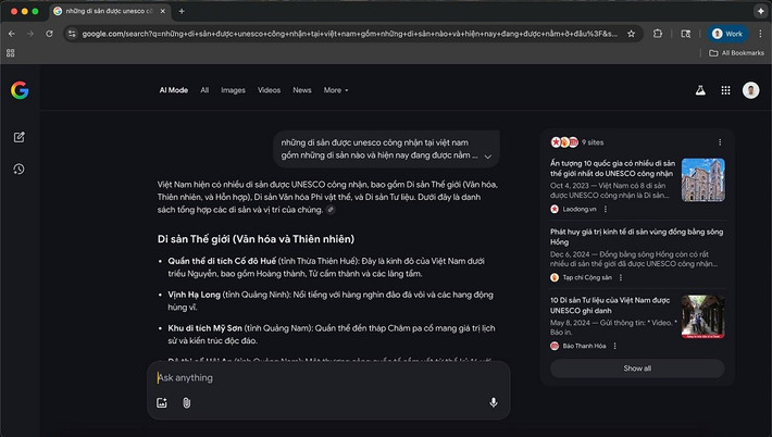 Người dùng có thể đặt câu hỏi phức tạp như “Các di sản được UNESCO công nhận tại Việt Nam là gì?” và nhận được kết quả đầy đủ, trực quan.
