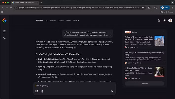 Người dùng có thể đặt câu hỏi phức tạp như “Các di sản được UNESCO công nhận tại Việt Nam là gì?” và nhận được kết quả đầy đủ, trực quan.