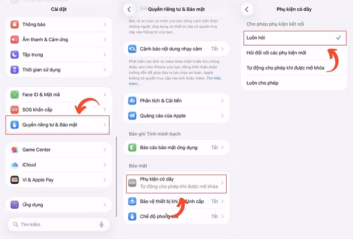 Hai tùy chọn này giúp iPhone luôn yêu cầu xác nhận khi kết nối, đặc biệt hữu ích khi sạc ở nơi công cộng.