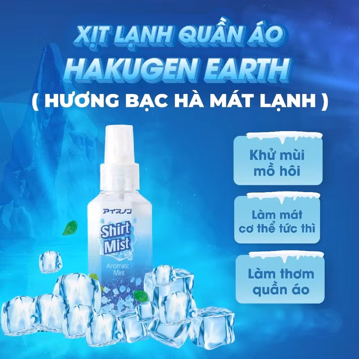 Xịt lạnh quần áo Hakugen Earth Ice Non từ Nhật Bản tạo cảm giác mát lạnh tức thì nhờ bạc hà, khử mùi mồ hôi và làm thơm vải, giá chỉ 119.000 đồng/chai 100ml, nhỏ gọn dễ mang theo để “giải cứu” cơ thể khỏi oi bức.
