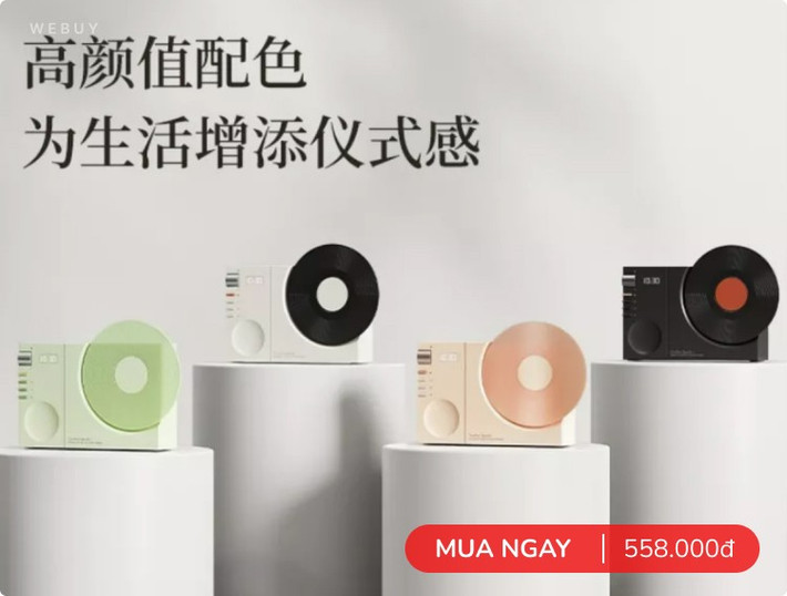 Loa retro mô phỏng máy nghe nhạc và đĩa than cổ điển, tạo cảm giác hoài niệm.