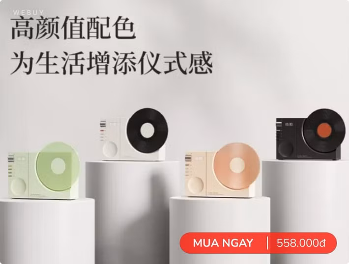 Loa retro mô phỏng máy nghe nhạc và đĩa than cổ điển, tạo cảm giác hoài niệm.