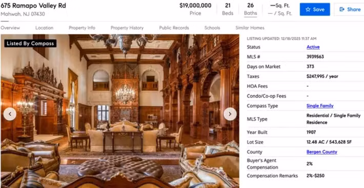 Dinh thự lịch sử tại New Jersey trị giá 26 triệu USD cũng đang được rao bán với giá 19 triệu USD.