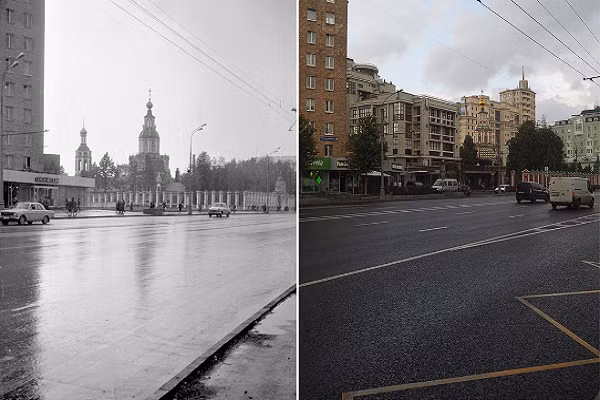Russia Beyond mới đây đăng tải loạt ảnh chụp tại nhiều địa điểm khác nhau ở thủ đô Moscow vào thế kỷ 19 và 20 rồi so sánh với hiện tại để cho thấy sự thay đổi diện mạo qua thời gian của thủ đô nước Nga. Ảnh chụp tại khu vực nhà thờ St. John the Warrior những năm 1980 (trái) và hiện tại. (Nguồn ảnh: Russia Beyond)