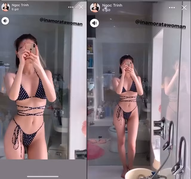 Ngoc Trinh gay bao khi mac bikini nho xiu, lay tay che nguc