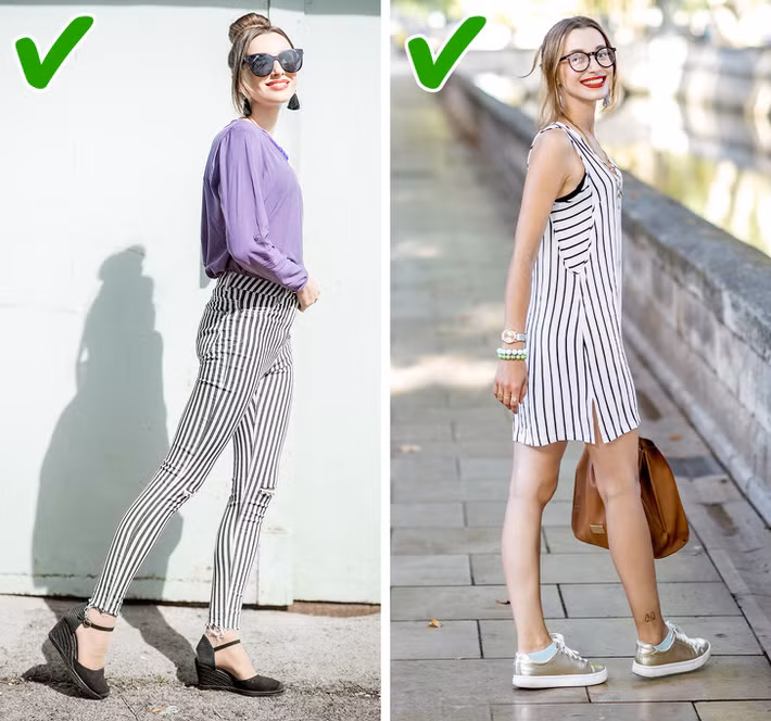 Trang phục sọc dọc là gợi ý hoàn hảo cho nàng chân ngắn bởi chúng luôn tạo hiệu ứng về một thân hình gọn gàng, thon thả cho người mặc. Ngược lại, bạn nên tránh các trang phục sọc ngang nếu không muốn cơ thể mình bị “kéo giãn” bề ngang một cách đáng kể.
