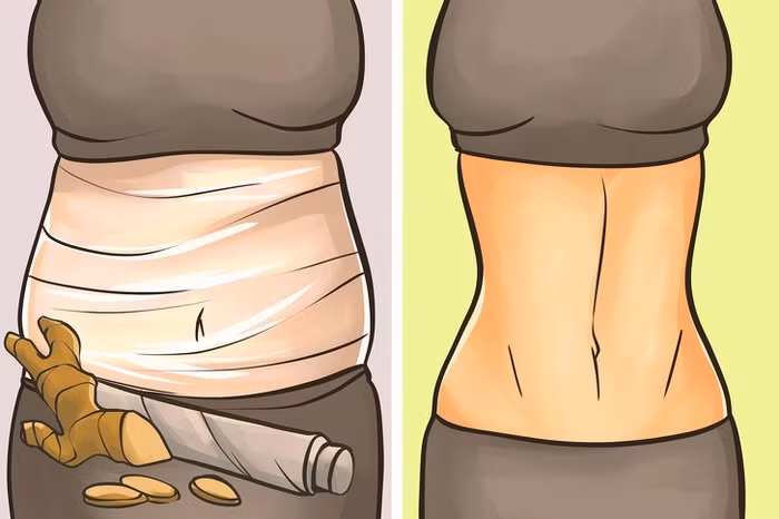 Dùng gừng cuốn bụng: Gừng có tác dụng làm nóng, tan mỡ, tăng lưu thông máu, cải thiện độ đàn hồi cho da và đánh bay mỡ thừa. Cách làm: Trộn một muỗng gừng tươi nghiền nhuyễn cùng sữa dưỡng thể tạo thành hỗn hợp dạng sệt. Ngâm khăn sạch trong nước nóng và đem đặt lên vùng cơ thể muốn giảm mỡ trong khoảng 5 phút cho mở lỗ chân lông. Thoa hỗn hợp gừng sữa lên da rồi quấn màng bọc thực phẩm để qua đêm.
