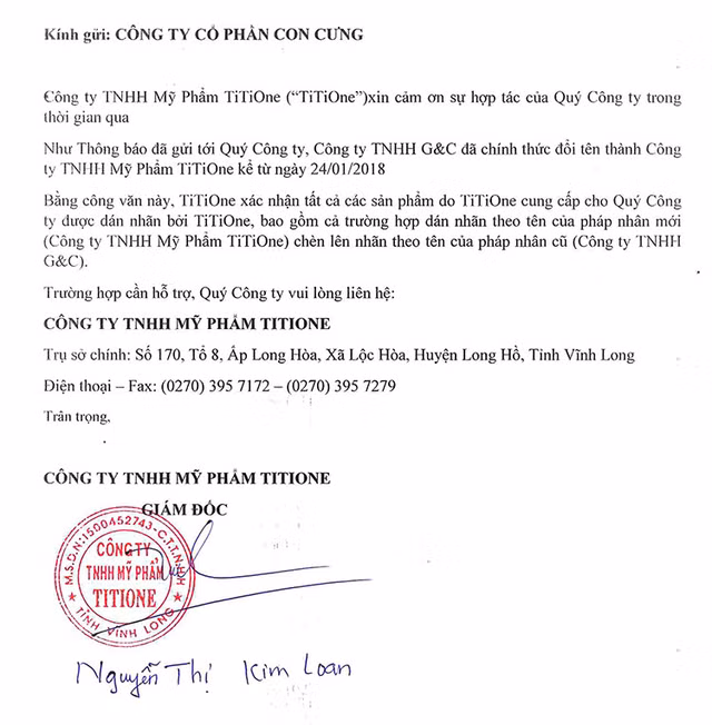 Bằng chứng Con Cưng đưa ra về việc Công ty TNHH Mỹ Phẩm TiTiOne thông báo thay đổi thông tin sản phẩm. Ảnh: Con Cưng cung cấp. Bằng chứng Con Cưng đưa ra về việc Công ty TNHH Mỹ Phẩm TiTiOne thông báo thay đổi thông tin sản phẩm. Ảnh: Con Cưng cung cấp.