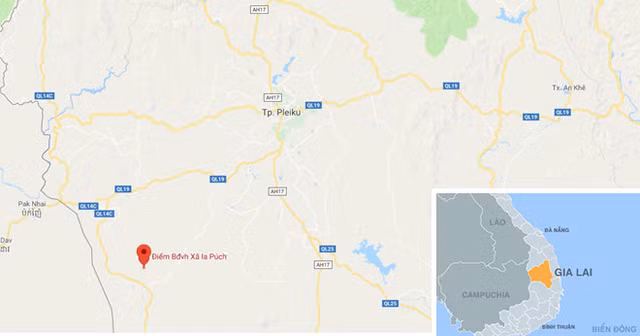 Xã Ia Púc, huyện Chư Prông (chấm đỏ) nơi xảy ra sự việc. Ảnh: Google Maps. Xã Ia Púc, huyện Chư Prông (chấm đỏ) nơi xảy ra sự việc. Ảnh: Google Maps.