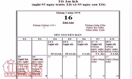 Lịch nghỉ tết Nguyên đán 2018 theo tờ trình của Bộ LĐTBXH. Lịch nghỉ tết Nguyên đán 2018 theo tờ trình của Bộ LĐTBXH.