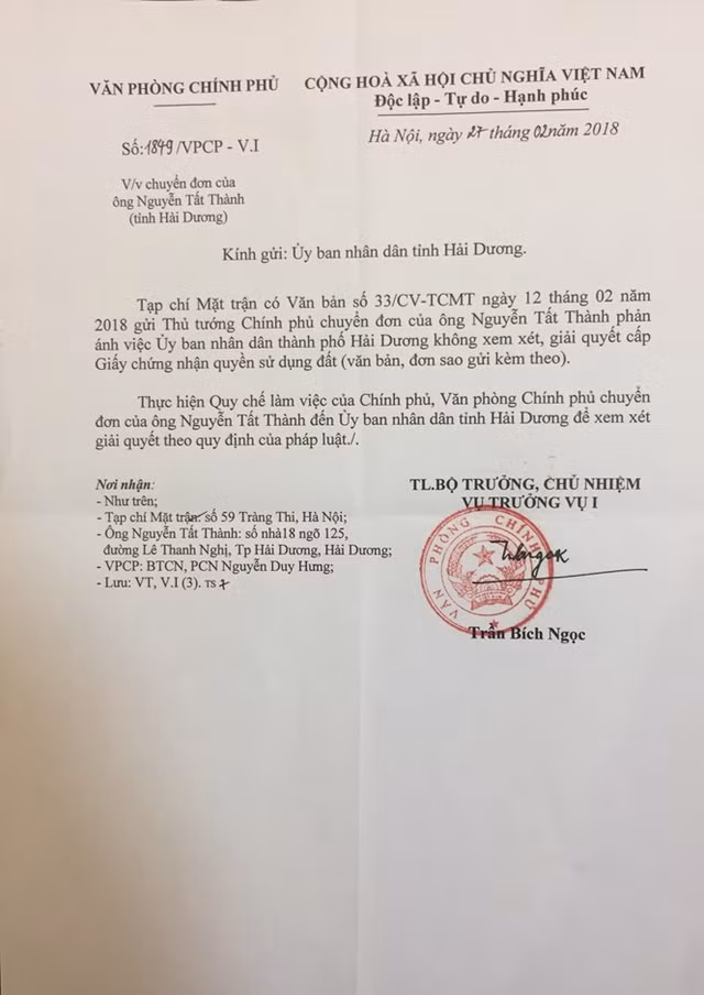 Văn bản của Văn phòng Chính phủ gửi UBND tỉnh Hải Dương.