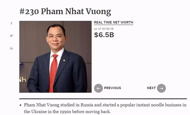 Ông Phạm Nhật Vượng tăng bậc trong BXH top giàu nhất hành tinh Ong Pham Nhat Vuong tang bac trong BXH top giau nhat hanh tinh