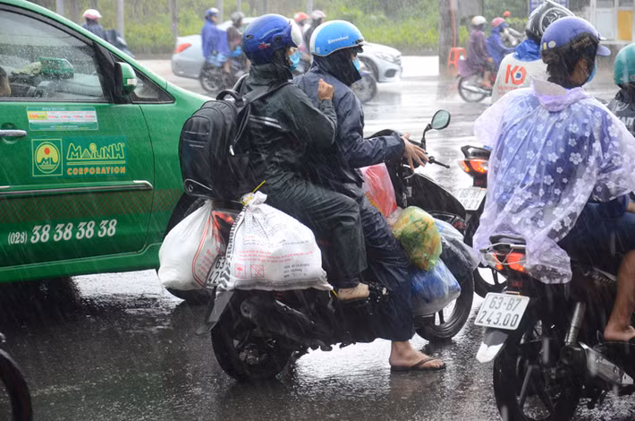 Gia đình này chở theo đồ đạc lỉnh kỉnh trở lại thành phố trong cơn mưa tầm tã.