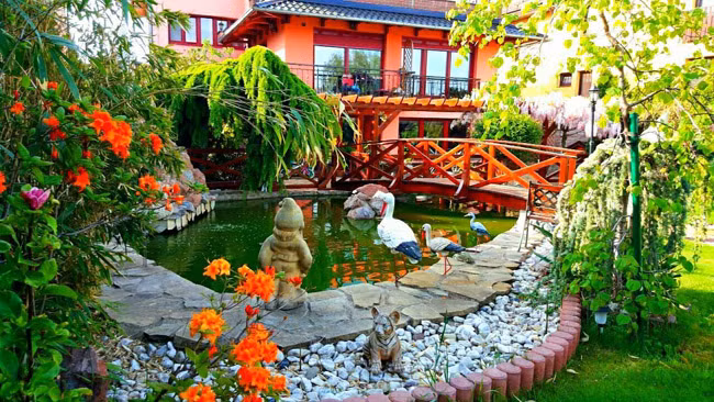 Trong vườn còn có cả một hồ cá được trang trí thích mắt.