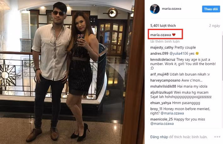 Hôm 5/5 vừa qua, "thiên thần phim người lớn" Maria Ozawa và Jose Sarasola công khai đăng bức ảnh hai người chụp chung trên Instagram cá nhân, kèm theo duy nhất biểu tượng hình trái tim ở dòng chú thích. Bức ảnh nhanh chóng làm dấy lên nghi vấn hai người đang có quan hệ tình cảm với nhau.