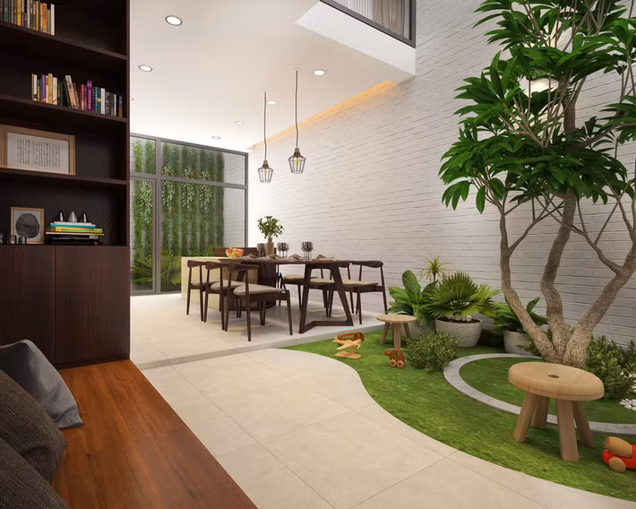Với khoảng sân trong này, bạn có thể trồng những loại cây xanh và hoa mà mình yêu thích để có một không gian thoáng mát, thanh bình. Ảnh: Amazonaws.