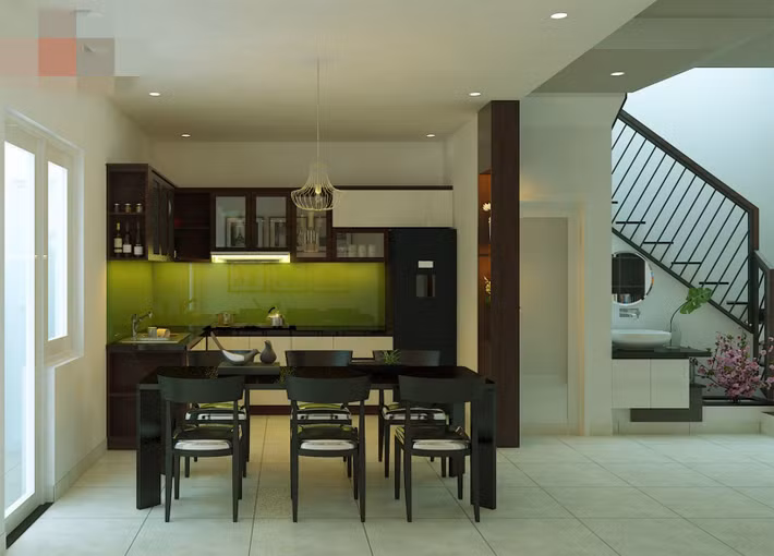 Phòng bếp ấm cúng với sự kết hợp hài hòa các gam màu.