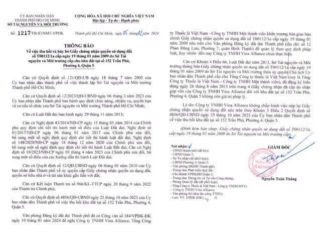 TP HCM: Thu hồi, hủy bỏ sổ đỏ khu 'đất vàng' 152 Trần Phú của Vinataba TP HCM: Thu hoi, huy bo so do khu 'dat vang' 152 Tran Phu cua Vinataba